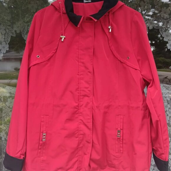 Women's Red & Black George QVC Removable Hood Rain Jacket Lightweight XL 16-18 - Picture 1 of 9
